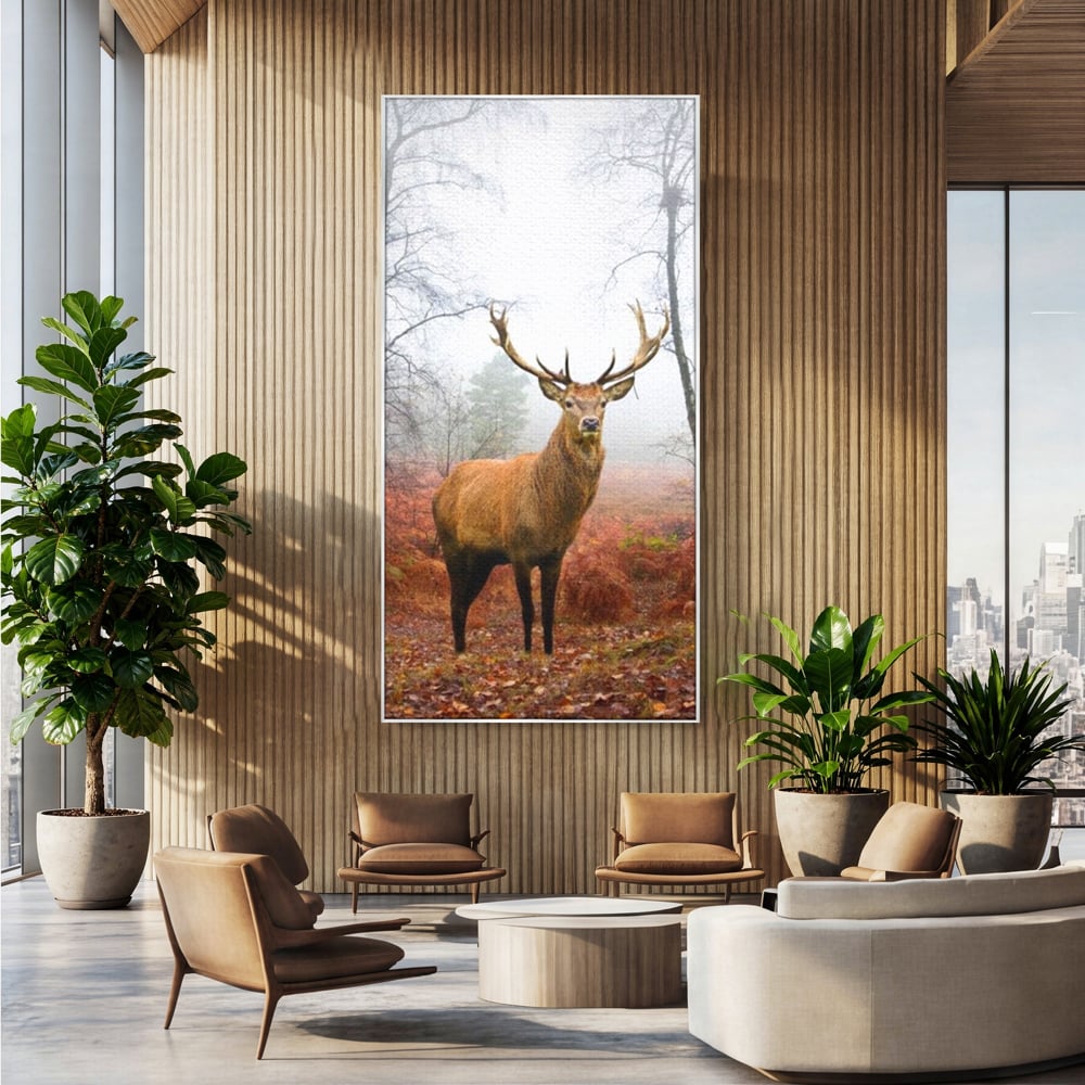 Tablou canvas cu tablou canvas cu cerb in padure cu ceata, in rama de aluminiu argintiu, pe perete intr-un birou